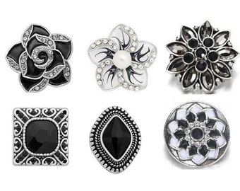 Black Snap Charms, Black and White Snap, Black Snap Charms for Snap Jewelry.  Fits 18mm - 20mm Ginger Snaps, Noosa, Magnolia & Vine, SC205