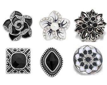 Black Snap Charms, Black and White Snap, Black Snap Charms for Snap Jewelry.  Fits 18mm - 20mm Ginger Snaps, Noosa, Magnolia & Vine, SC205