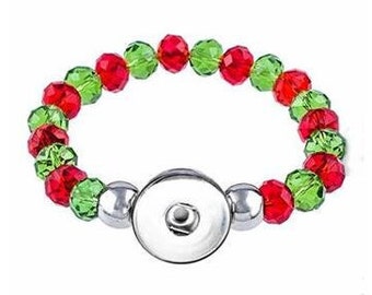 Snap Bracelet 8mm Crystal Bead Red and Green Beads, Christmas Snap Bracelet, Stretchy, Silvertone, Fits 18mm Ginger Snaps, Magnolia Vine B27