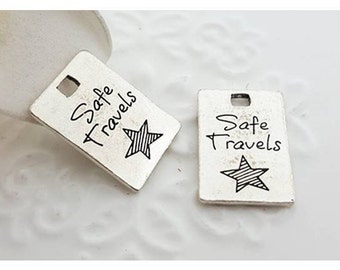 Safe Travels Charm, Inspirational, Motivational Charm, Word Charm, Message Charm Silvertone #27-18