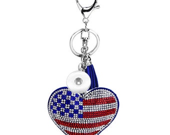 Snap Key Chain, USA Flag Heart, Snap Handbag Charm, Snap Keychain, Snap Jewelry Key chain, Silvertone.  Fits 18mm Ginger Snaps, Magnolia, M4