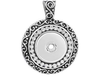 Snap Necklace Scroll Pendant w/Rhinestones, 24" Link Chain, Silvertone.  Fits 18-20mm Ginger snaps, Magnolia and Vine, N3-A