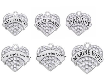Military Charms, Air Force, Marines, Coast Guard, Marine's Mom, Marine Wife, Rhinestone Heart Charms, RC#3