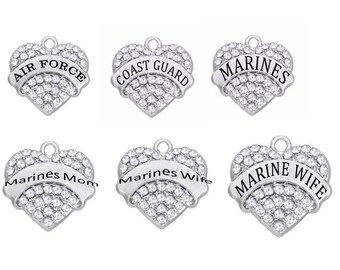 Military Charms, Air Force, Marines, Coast Guard, Marine's Mom, Marine Wife, Rhinestone Heart Charms, RC#3