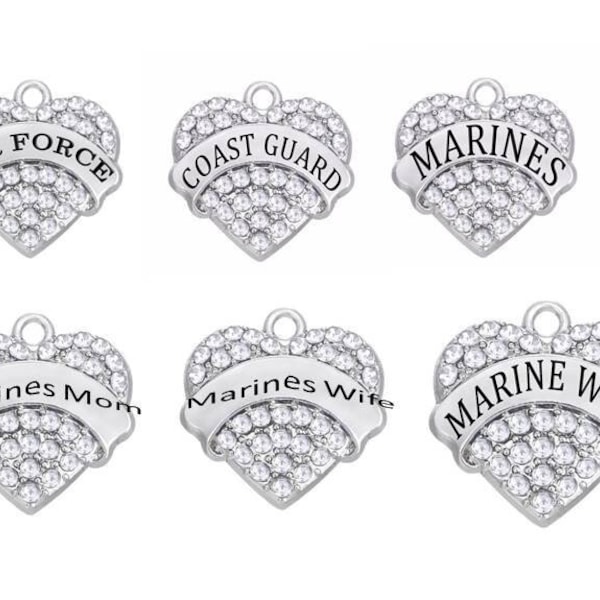 Military Charms, Air Force, Marines, Coast Guard, Marine's Mom, Marine Wife, Rhinestone Heart Charms, RC#3