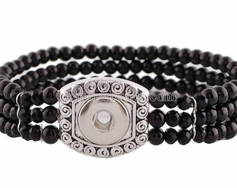 Snap Bracelet Beaded Stretchy Snap Bracelet, Adjustable Fit, Black, Silvertone.  Fits 12mm PETITE/MINI Ginger snaps, Magnolia & Vine BP2-P