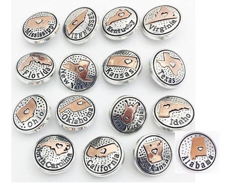State Snaps Texas, Florida, New York, California, Alabama, Idaho, Ohio, Oklahoma, Kentucky, Virginia, Fits 18mm Ginger Snaps, SC50-B/MW