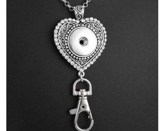 Lanyard Snap Necklace Badge Holder, Snap Lanyard Heart 32" Chain, Silvertone, Fits 18mm Ginger Snaps, Noosa, Magnolia & Vine, N49-MW