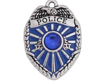 Police Badge Charm, Police Shield Charm, Policeman Charm, Silvertone, For Bracelet, Necklace, Earrings, Zipper Pull, Key Chain, etc, RCN-1