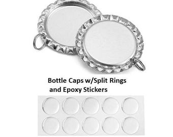 Flattened Bottle Caps with 8mm Split Rings Attached and Epoxy Stickers, 1" Silver Linerless Caps for making Necklaces & Key Chains, DIY-10/A