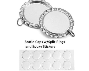 Flattened Bottle Caps with 8mm Split Rings Attached and Epoxy Stickers, 1" Silver Linerless Caps for making Necklaces & Key Chains, DIY-10/A