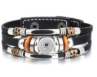 Snap Bracelet Black Leather, Silvertone, Fits 12mm PETITE/MINI Ginger snaps, Magnolia & Vine BP1-A