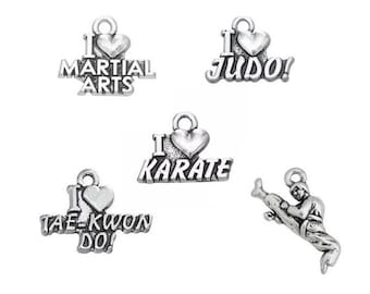 Martial Arts Charm, I Love Martial Arts, I Love Judo, I love Karate, I love Tae-Kwon Do, Karate Kick, Silvertone, #2