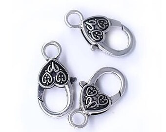 Lobster Clasp, Large Heart Lobster Clasp, 2 pieces, Size 0.5" x 1" (0.12cm x 0.25cm), Silvertone, DIY-6