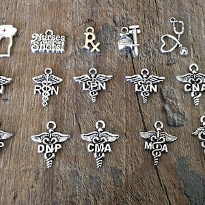Nurse Charms, RN, LPN, BSN, Nurse Practitioner, Medical Assistant, Stethoscope, Medicine Bottle Syringe, Nurse Hat, Silvertone, #5