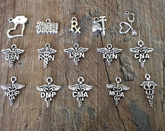 Nurse Charms, RN, LPN, BSN, Nurse Practitioner, Medical Assistant, Stethoscope, Medicine Bottle Syringe, Nurse Hat, Silvertone, #5