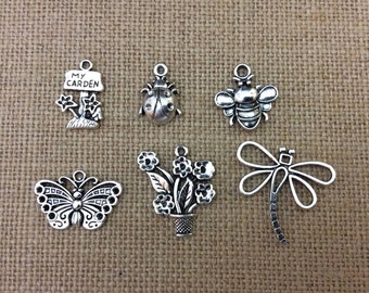Gardening Charms, My Garden Charm, Lady Bug Charm, Bee Charm, Butterfly Charm, Dragonfly Charm, Potted Plant Charm, Flowers, Silvertone,  #6
