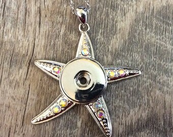 Starfish Snap Necklace, Snap Jewelry, 24" Link Chain, Aurora Rhinestones, Silvertone, Fits 18mm - 20mm Ginger Snaps, Magnolia Vine N21-PB