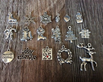 Christmas Charms, Santa, Merry Christmas, Christmas Tree, Snowflake, Pine Cone, Candy Cane, Snowman, Ice Skating, Dec 25,  Silvertone,  #25