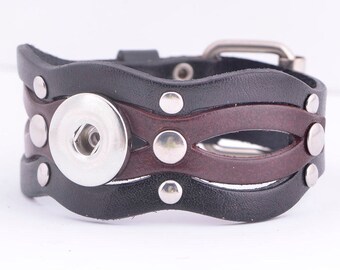 Snap Bracelet Black and Brown Leather Cuff Snap Bracelet, Silvertone, Fits 18mm Snap Jewelry, Ginger Snaps, Magnolia & Vine, B5-B/GB/X
