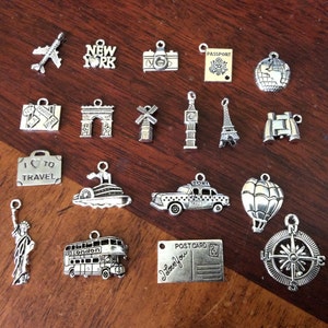 Travel Charms, Vacation, Adventure, New York, Paris, London, Camera, Passport, Postcard, Compass, Hot Air Balloon Cruise Ship Silvertone #36