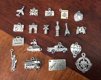 Travel Charms, Vacation, Adventure, New York, Paris, London, Camera, Passport, Postcard, Compass, Hot Air Balloon Cruise Ship Silvertone #36