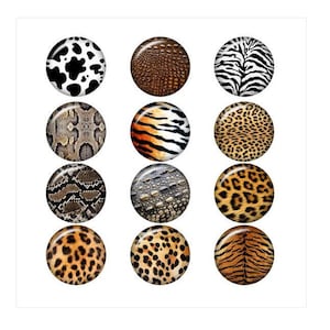 May include: Twelve round, flat, decorative buttons with different animal print designs. The buttons feature patterns of cowhide, crocodile, zebra, snake, tiger, leopard, and alligator.
