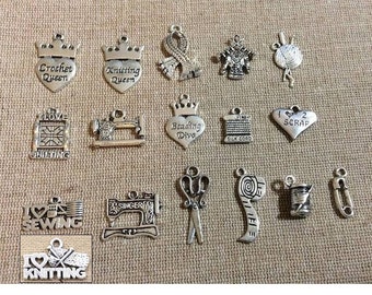 Crafting Charms, Knitting, Sewing, Crochet, Quilting, Beading, Scrapbooking, Sewing Machine, Needle and Thread, Tape Measure, Silvertone #15