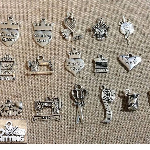 Crafting Charms, Knitting, Sewing, Crochet, Quilting, Beading, Scrapbooking, Sewing Machine, Needle and Thread, Tape Measure, Silvertone #15