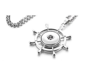 Ship Wheel Snap Necklace, Captain's Wheel Snap Necklace, 20" Link Chain + Ext, Silvertone.  Fits 18mm Ginger Snaps, Magnolia & Vine, N21/V