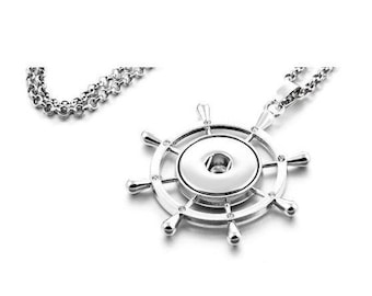 Ship Wheel Snap Necklace, Captain's Wheel Snap Necklace, 20" Link Chain + Ext, Silvertone.  Fits 18mm Ginger Snaps, Magnolia & Vine, N21/V