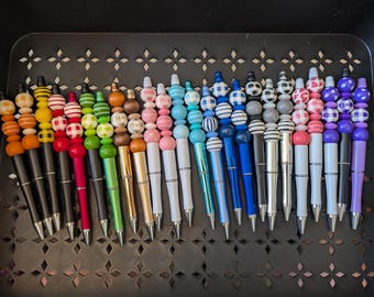 Beaded Pens, Wood Beads, Silicone Spacers, Black Ink Beaded Pens, 11 Colors