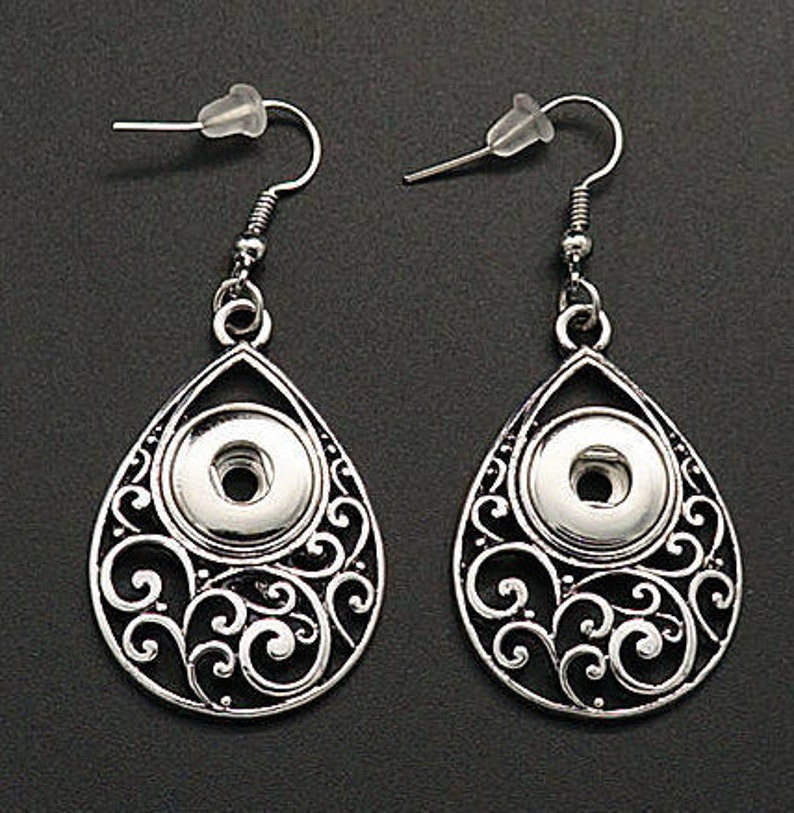 Snap Earrings Scroll Drop Earrings Silvertone. Fits 12mm Etsy