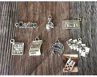 Gambling Charms, Casino Gaming, Las Vegas, Lottery Ticket, Poker Cards, Bingo, Good Luck Charm, Money Bag, 100 Dollar Bill, Silvertone, #15