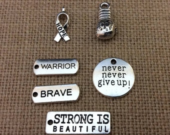 Cancer Survivor Charms, Hope Ribbon Charm, Boxing Glove Charm, Warrior Charm, Brave Charm, Strong is Beautiful, Never Give Up, Silvertone #9