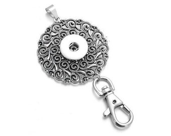 Lanyard Snap Necklace, Badge Holder  Vintage Swirls, 30" Ball Chain, Silver tone.  Fits 18mm Ginger Snaps, Noosa, Magnolia & Vine, N49/A