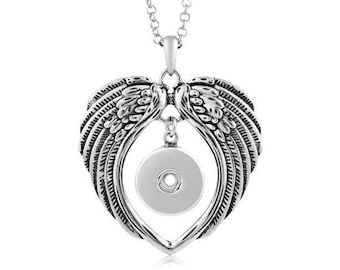 Angel Wings Snap Necklace, Snap Jewelry Necklace, Silvertone, Link Chain or Cord, Fits 18mm Ginger snaps, Noosa, Magnolia & Vine, N3-V/B/A/X