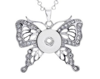 Butterfly Snap Necklace, Snap Jewelry Necklace, 24" Chain, Silvertone.  Fits 18mm Ginger Snaps, Noosa, Magnolia & Vine, N7