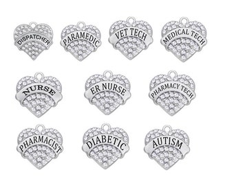Medical Charms, Nurse, Dispatcher, ER Nurse, Vet Tech, Medical Tech, Pharmacy Tech, Paramedic, Diabetic, Autism, Rhinestone Heart Charm RC#2