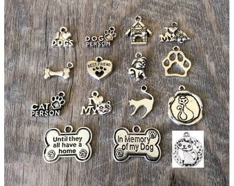 Dog Charms, Cat Charms, Pet Charms, Dog Person, Cat Person, Bone, Paw, Love My Cat, Love My Dog, Until they all have a home, Silvertone, #2