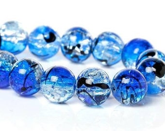 10mm Glass Beads, Blue and Clear Bead, Round Bead, Mottled Bead, Smooth Finish, Multicolored Bead, Blue, Black, Clear Glass Bead,  20 pcs