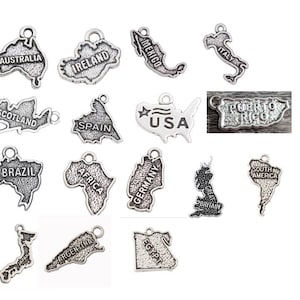 Map Charms, Country Charms, Australia, Ireland, Mexico, Italy, Scotland, Spain, USA, Puerto Rico, Brazil, Great Britain,  Silvertone, #37