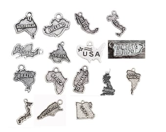 Map Charms, Country Charms, Australia, Ireland, Mexico, Italy, Scotland, Spain, USA, Puerto Rico, Brazil, Great Britain,  Silvertone, #37