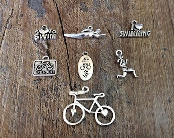 Swimming Charms, Triathlon Charms, Running Charm, Biking Charm, Swimmer, Love to Swim Charm, Bike Charm, Sports Charms, Silvertone, #22