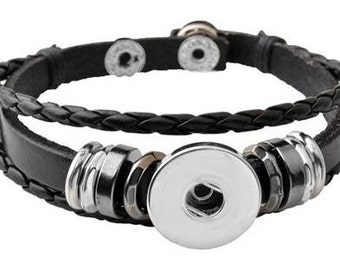Snap Bracelet Black Leather Snap Bracelet, Adjustable, Silvertone.  Fits 18mm Ginger Snaps, Noosa, Magnolia & Vine, B51-GB/B/MW/A