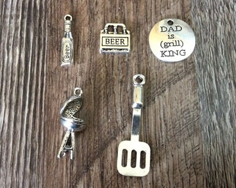 Dad is Grill King Charm, Barbecue Charms, Dad Gift BBQ Grill Charm, Beer Charm, Grill Charm, Outdoor Grilling, Silvertone, Etc #14