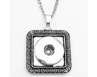Snap Necklace Scroll Square Frame Snap Necklace, 24" Link Chain, Silvertone.  Fits 18mm Ginger Snaps, Noosa, Magnolia and Vine, N8