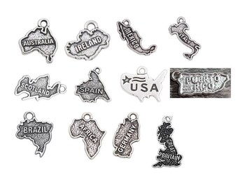 Map Charms, Country Charms, Australia, Ireland, Mexico, Italy, Scotland, Spain, USA, Puerto Rico, Brazil, Great Britain,  Silvertone, #37