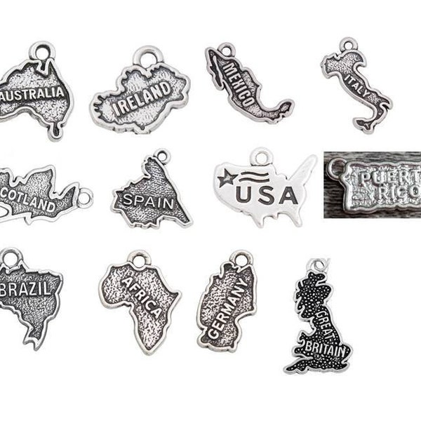 Map Charms, Country Charms, Australia, Ireland, Mexico, Italy, Scotland, Spain, USA, Puerto Rico, Brazil, Great Britain,  Silvertone, #37