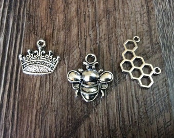 Queen Bee Charms, Crown Charm, Bee Charm, Honeycomb Charm, Silvertone, #6